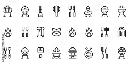 Set of black and white line barbecue icons, grill and cooking symbols, summer picnic collection