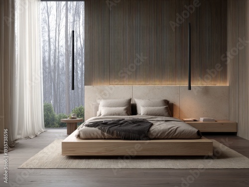 Minimalist bedroom with wooden accents and soft lighting. Bed rests on a woven rug with low-profile design. Large window lets in natural light and scenic view