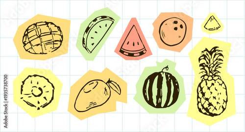 Hand drawn tropical fruits collection on colorful organic paper cut shapes, pineapple mango and watermelon doodle sketch elements on white grid background