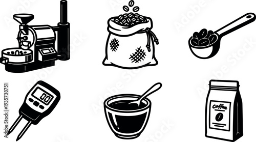 Line art closeup coffee icons showing roasting machine burlap sack scoop cupping cup and sealed bag on white background bold