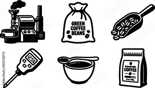Line art coffee equipment icon set showing industrial roaster green coffee bag scoop thermometer cupping bowl roasted coffee pouch closeup