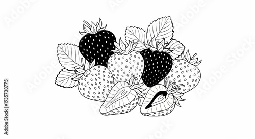 A cluster of strawberries, some whole and some halved, with leaves