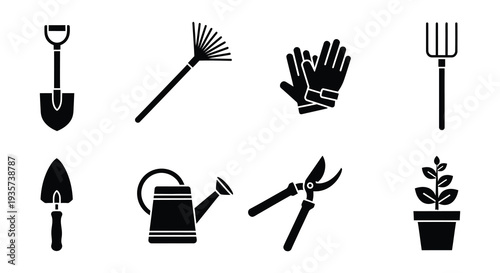 Gardening tools and a small plant in black silhouette style