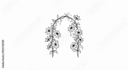 A delicate black and white drawing of an arched garden trellis adorned with flowers