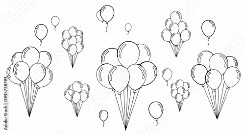 A collection of various sized balloons tied together in bunches