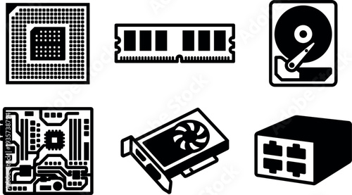 Flat design black white computer hardware icon set showing cpu ram hdd motherboard gpu network switch close up front view