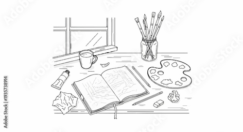 An artist's workspace with art supplies, an open sketchbook, and a drink