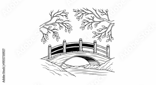 Arch bridge spans a river under leafy branches in a tranquil scene