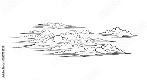 Artistic sketch of various cloud formations in black ink against a white background