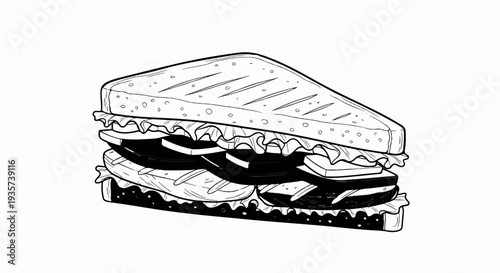 Detailed line drawing of a toasted triangular sandwich with multiple layers of fillings