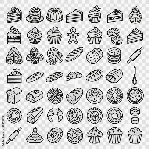 Comprehensive hand-drawn vector graphic illustration set of bakery items, including delicious pastries, cakes, bread, and donuts, perfect for menus or food-related design projects.