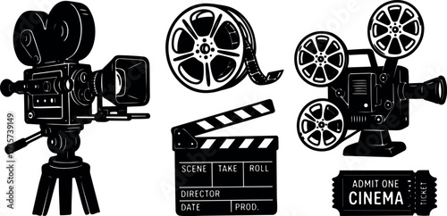 Vintage film equipment vector art close up dual camera and clapperboard with reel and cinema ticket high contrast studio silhouette