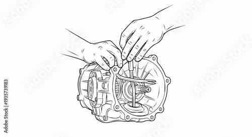 Hands assembling a complex mechanical gearbox mechanism with internal gears and shaft