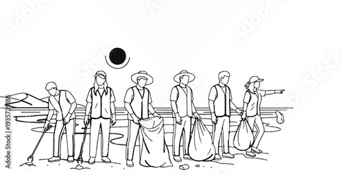 Group of people collecting litter, some holding bags and tools for cleanup