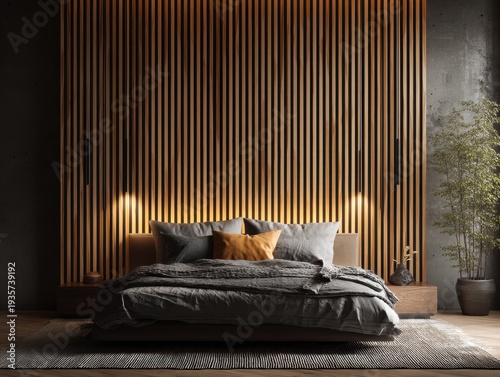 Modern bedroom with wooden slat wall. Soft lighting highlights the textured backdrop. Dark bedding contrasts with warm wood tones. Minimalist design emphasizes cozy, serene atmosphere