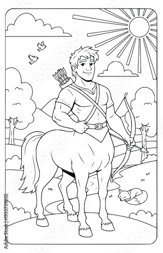 Centaur coloring page for kids with a mythical archer in a sunny forest landscape