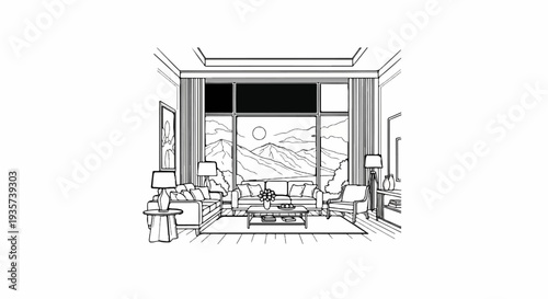 Minimalist living room with large window showcasing a serene mountain landscape