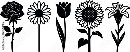 Flat vector silhouette row of five flowers rose daisy tulip sunflower and lily isolated on white background with stems bold