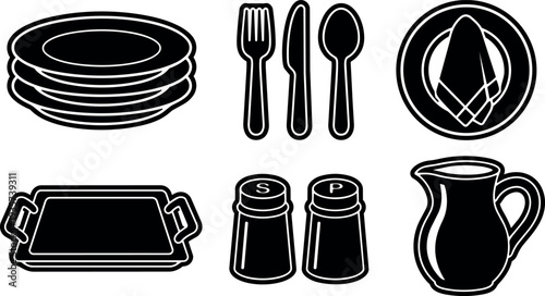 Minimalist vector flat design tableware icon set stacked plates cutlery napkin serving tray salt pepper pitcher black silhouette simple outline