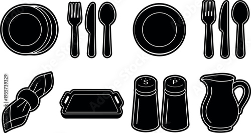 Flat design kitchen and tableware icon set with stacked plates fork knife spoon napkin tray pitcher salt shaker pepper shaker