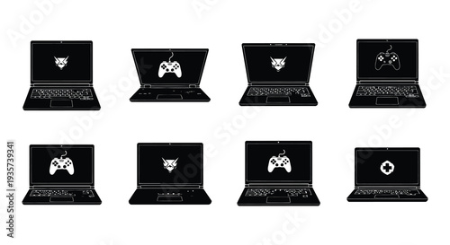 Gaming setup icons laptop controller keyboard headset and accessories