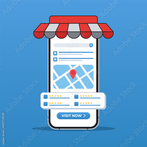 Online Store Location. Local SEO Marketing Strategy with Smartphone Interface and Store Location Pin. Geofencing, Near Me Search Optimization, Online Business Promotion Vector Icon in Flat Design