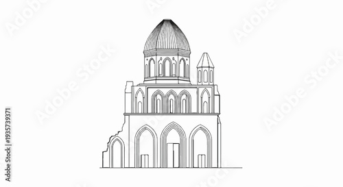 Monolithic line drawing of a grand, partially ruined ancient building with a dome