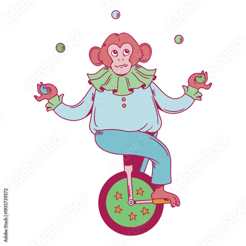 A mischievous monkey juggler riding a unicycle