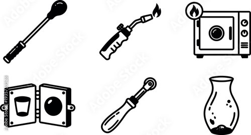 Line art close up set of glassblowing tools showing torch furnace mold pontil paddle and blown vase in studio lighting