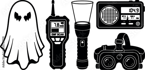 Flat design front view paranormal investigation gear set with ghost icon emf meter flashlight radio and night vision goggles silhouette