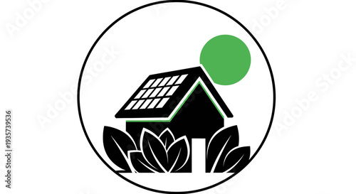 Eco-friendly house with solar panels and greenery.