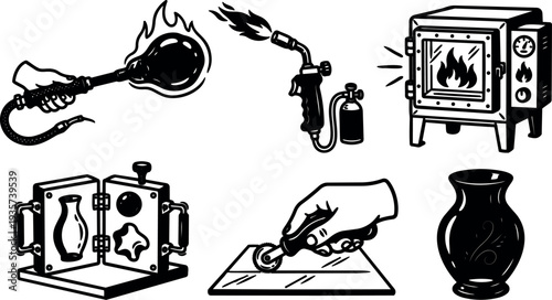 Line art close up of glassblowing tools torch furnace mold hand shaping molten glass to form decorative vase black white