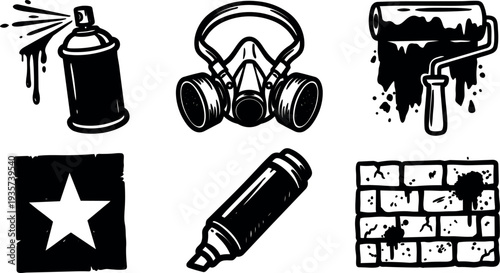 Stencil vector street art icons showing spray can respirator mask paint roller marker star stencil and graffiti brick wall isolated