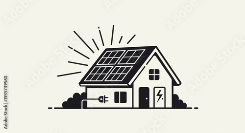 Simple black and white illustration of a house with solar panels on the roof.