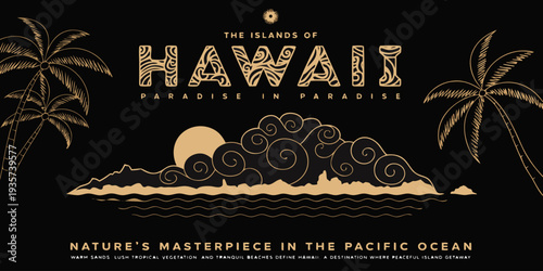 Hawaii Luxury Island Silhouette – Black & Gold Tropical Panorama, Ultra‑Wide Vector Poster, Elegant Coastal Paradise, United States