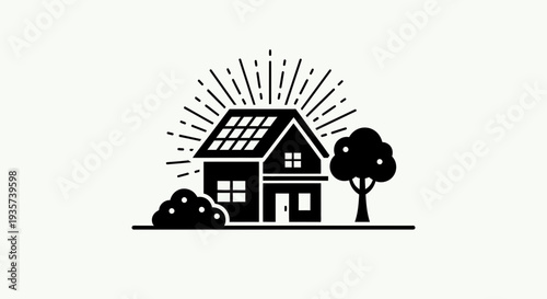 Simple black and white illustration of a house with solar panels on the roof.