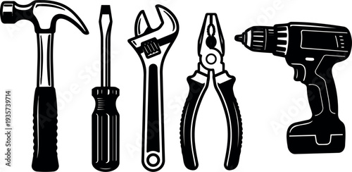 Vector line art front view set of hammer screwdriver adjustable wrench pliers and cordless drill on white background clean bold