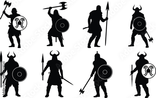 Viking warrior silhouettes collection with shield and axe, ancient Norse fighters isolated on white background vector illustration set