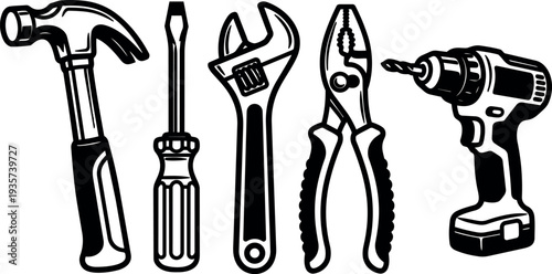 Line art close up of five hand tools arranged side view hammer screwdriver adjustable wrench pliers cordless drill in black