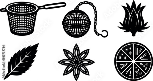 Flat design set of six simple tea and spice silhouette icons showing mesh infuser strainer leaf star anise citrus wheel