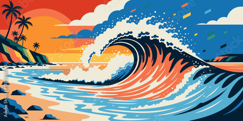 Oahu North Shore Surfing Wave – Vibrant Sunset Panorama, Ultra‑Wide Flat Vector Design, Iconic Hawaiian Coastline Scene, United States