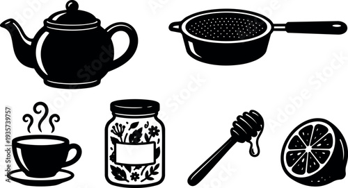 Flat silhouette vector tea set with teapot tea cup strainer honey jar honey dipper and lemon close up composition isolated