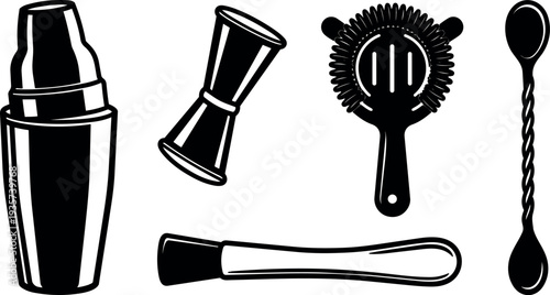 Minimalist vector bar tools set cocktail shaker jigger hawthorne strainer twisted bar spoon wooden muddler flat design black silhouette close