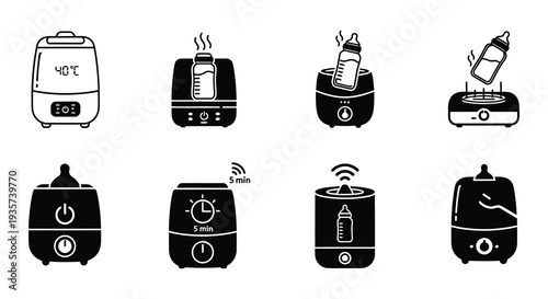 Black and white icons depicting baby bottle warmers and related accessories