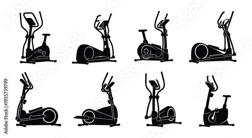 Four views of an exercise bike in black and white silhouette