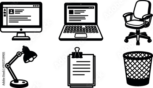 Line art set of six office icons showing desktop computer laptop swivel chair desk lamp clipboard and trash bin black