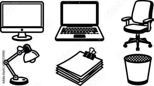 Line art black office icons set computer monitor laptop swivel chair desk lamp stacked papers with binder clip trash bin