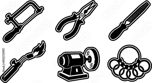 Vector art close up set of jewelry making tools saw pliers metal file jewellers torch bench grinder jump rings icons