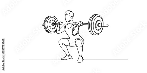 Continuous line drawing of a person performing a barbell squat exercise during a workout Vector, illustration