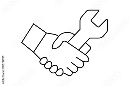 This image is a minimalist line art illustration that combines human action with mechanical tools. It depicts a human hand firmly gripping a wrench.